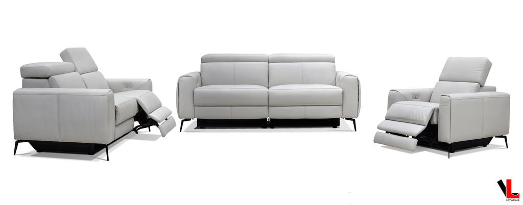 Lennox 3 Piece Power Reclining Sofa, Loveseat, and Chair Set with Adjustable Headrests in Light Grey Leather Match