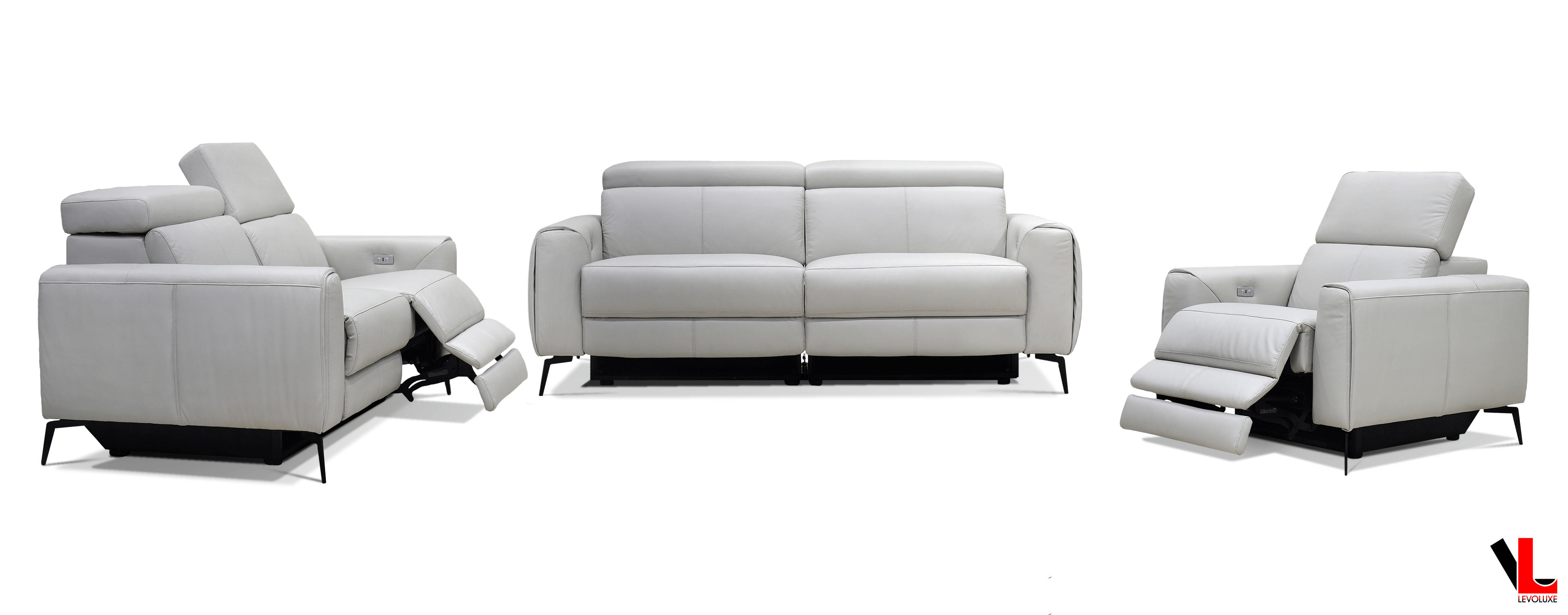 Lennox 3 Piece Power Reclining Sofa, Loveseat, and Chair Set with Adjustable Headrests in Light Grey Leather Match