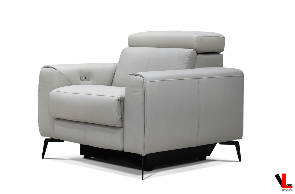 Lennox 3 Piece Power Reclining Sofa, Loveseat, and Chair Set with Adjustable Headrests in Light Grey Leather Match
