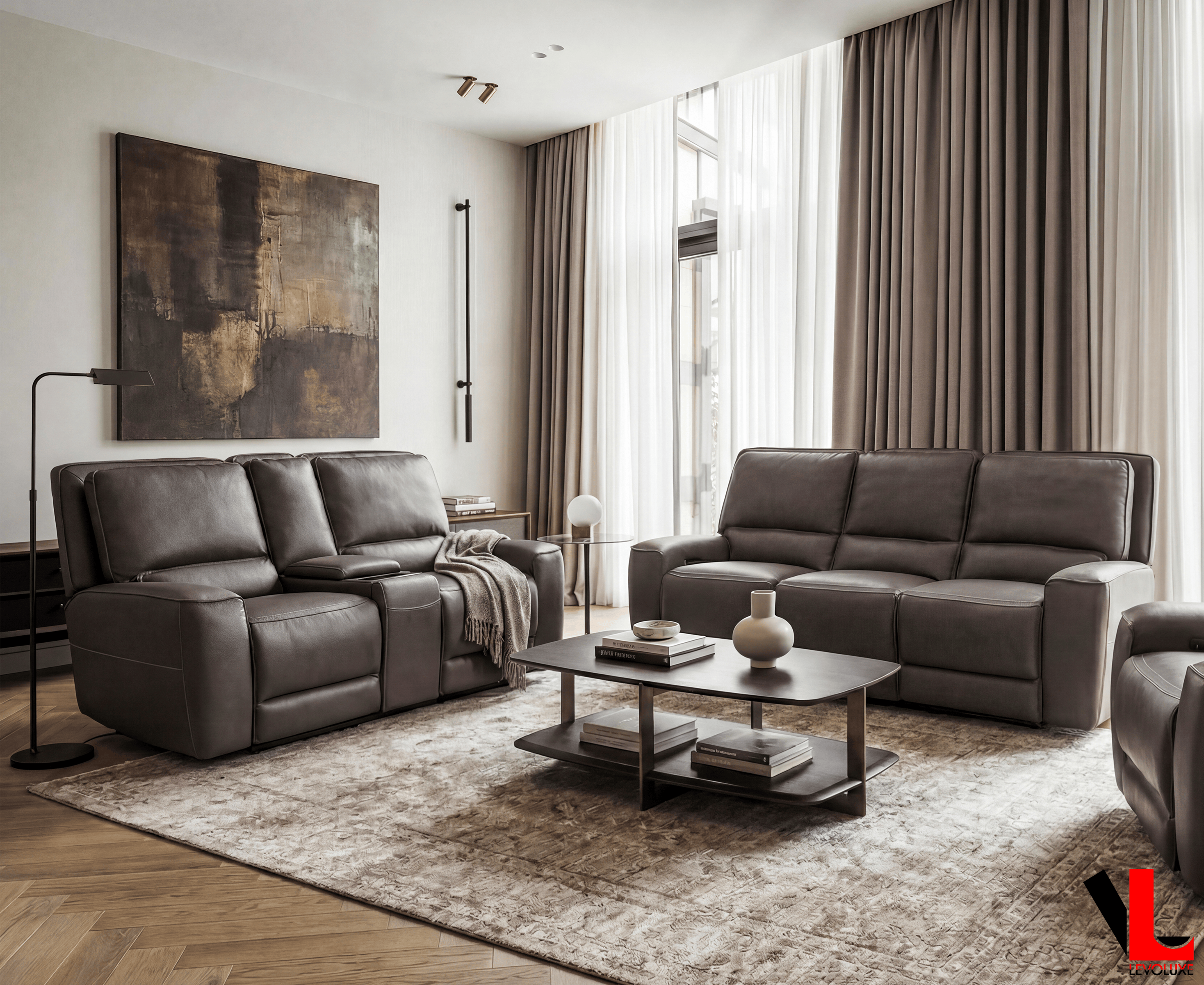 Levoluxe Sofa Set Odessa 2 Piece Power Reclining Sofa and Loveseat Set in Tex Grey Leather Match