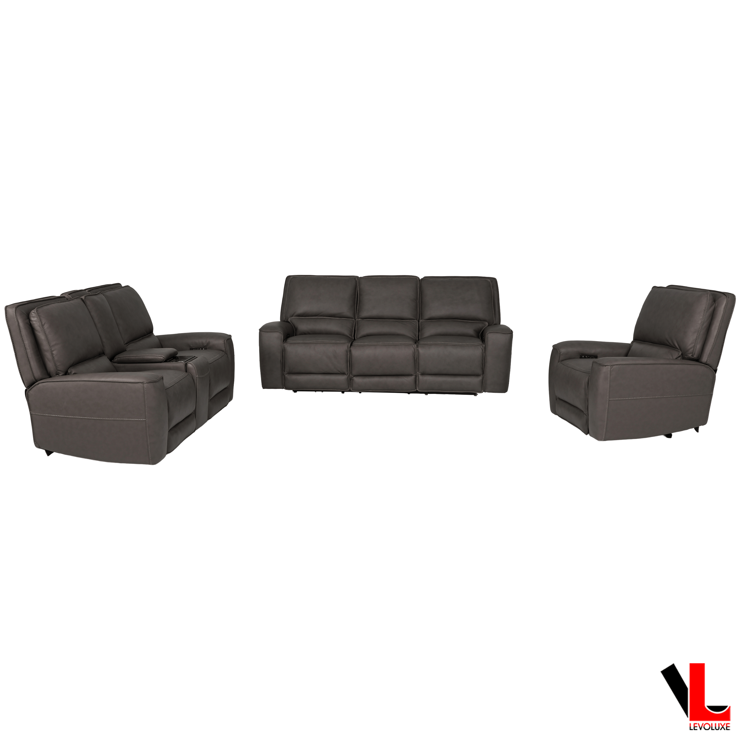 Levoluxe Sofa Set Odessa 3 Piece Power Reclining Sofa, Loveseat and Chair Set in Tex Grey Leather Match