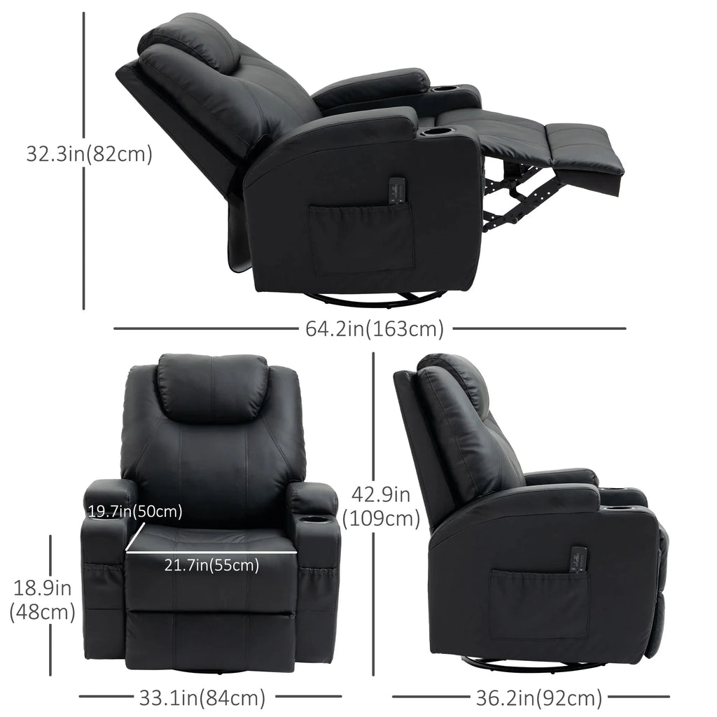 8 Point Vibrating Massage Swivel Reclining Chair with Cupholders in Faux Leather - Available in 3 Colours