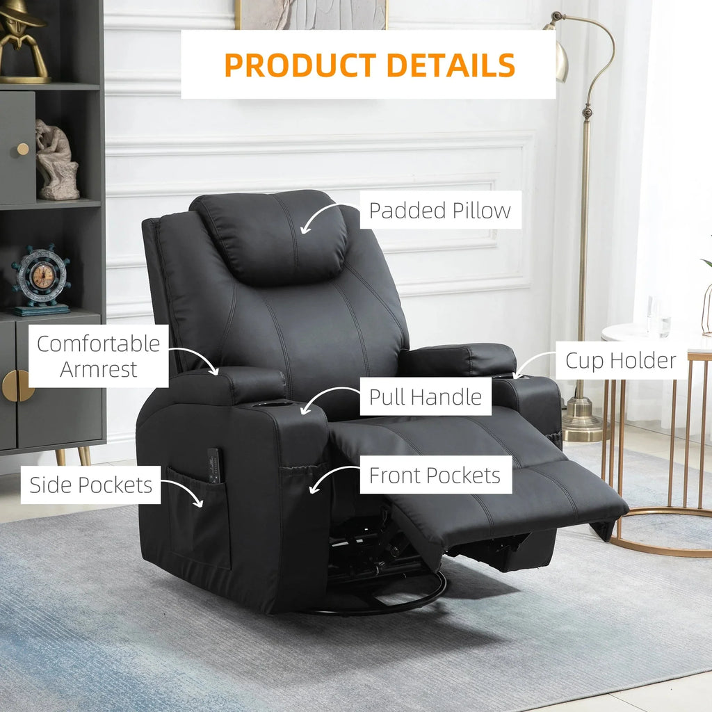 Pending - Aosom Homcom Faux Leather Recliner Chair with Massage, Vibration, Muti-Function Padded Sofa Chair with Remote Control, 360 Degree Swivel Seat with Dual Cup Holders, Black