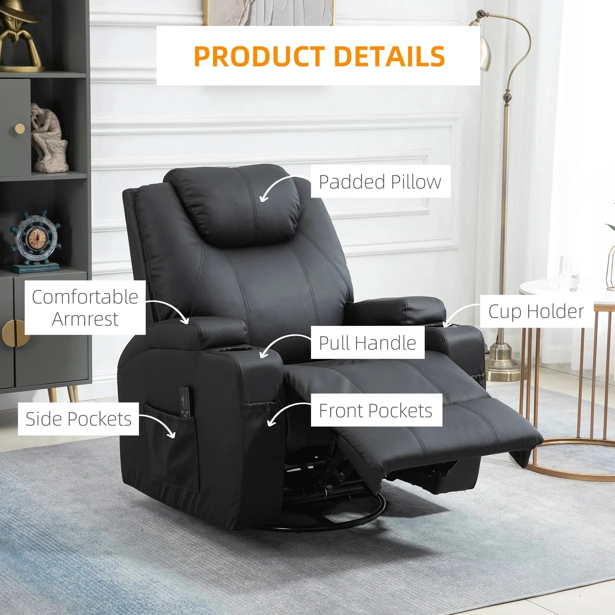 Pending - Aosom Homcom Faux Leather Recliner Chair with Massage, Vibration, Muti-Function Padded Sofa Chair with Remote Control, 360 Degree Swivel Seat with Dual Cup Holders, Black