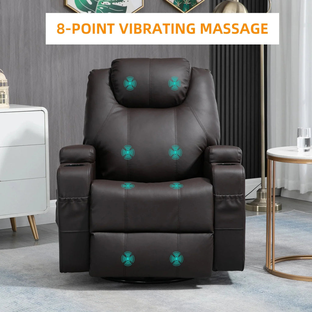 8 Point Vibrating Massage Swivel Reclining Chair with Cupholders in Faux Leather - Available in 3 Colours