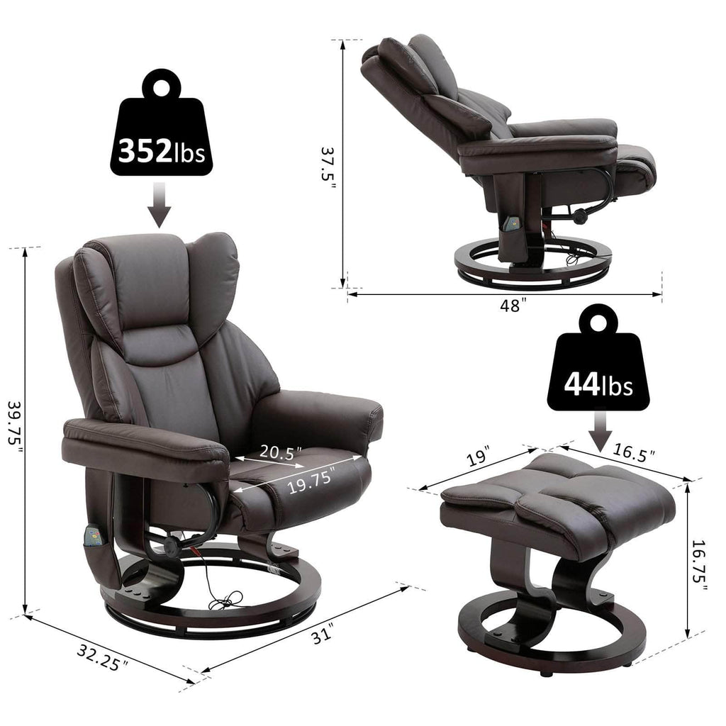 10 Vibration Point Massage Reclining Chair and Ottoman in Faux Leather - Available in 2 Colours
