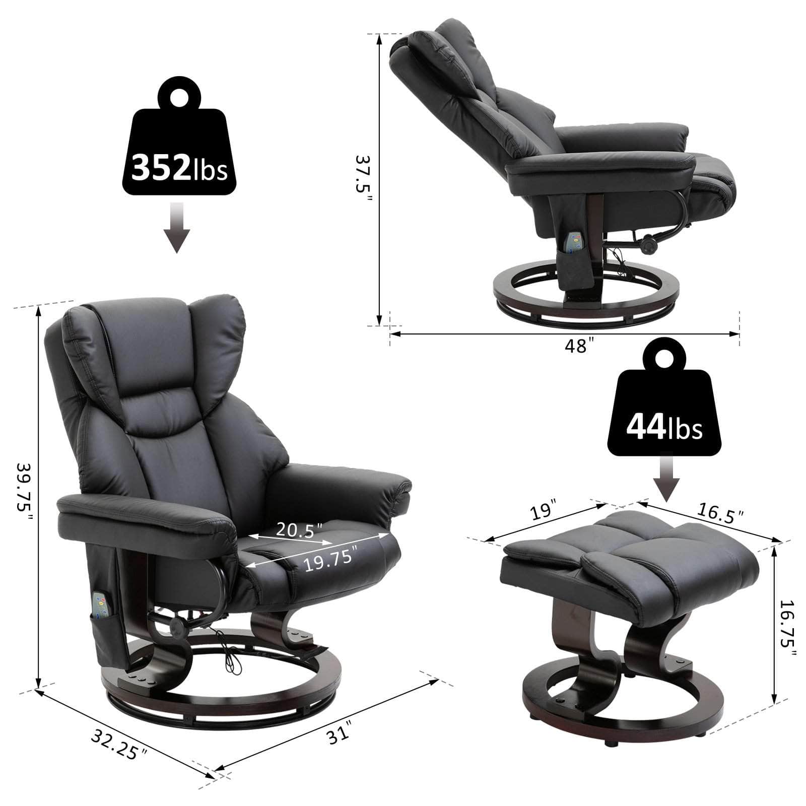 10 Vibration Point Massage Reclining Chair and Ottoman in Faux Leather - Available in 2 Colours