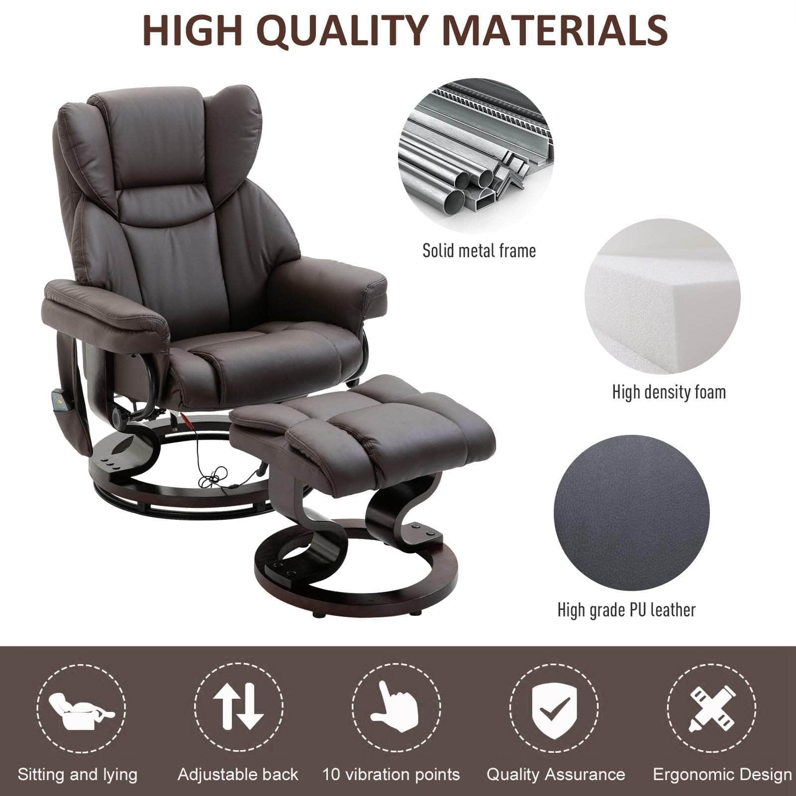 10 Vibration Point Massage Reclining Chair and Ottoman in Faux Leather - Available in 2 Colours
