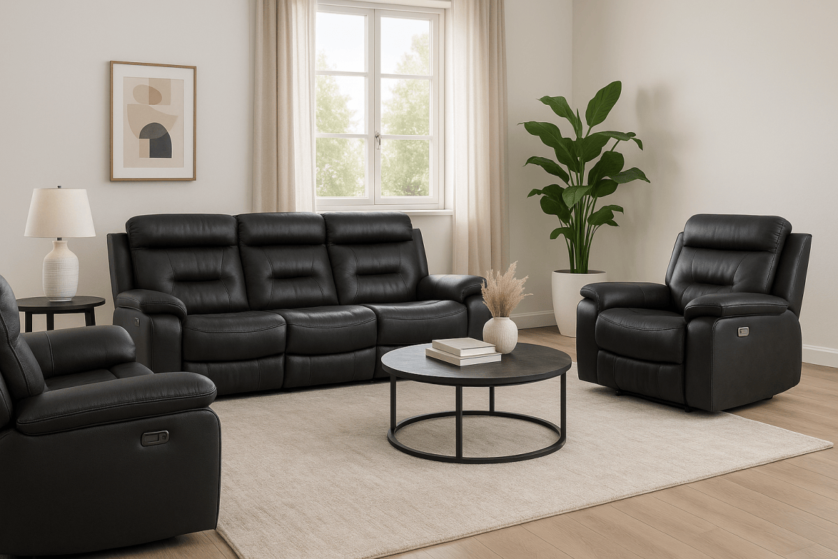Nelson 3 Piece Reclining Sofa, Loveseat and Chair Set in Black Leather