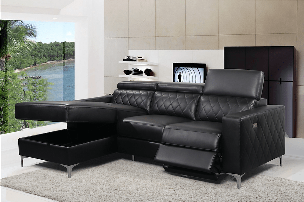 Morris Power Reclining Sectional Sofa with Storage Chaise in Black Faux Leather - Available in 2 Configurations
