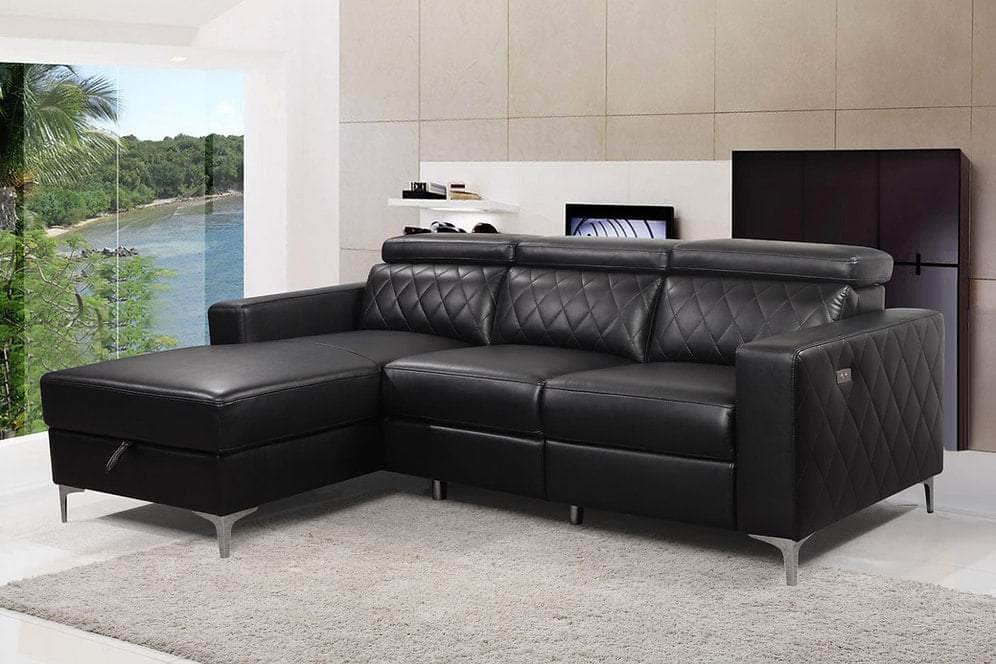 Morris Power Reclining Sectional Sofa with Storage Chaise in Black Faux Leather - Available in 2 Configurations